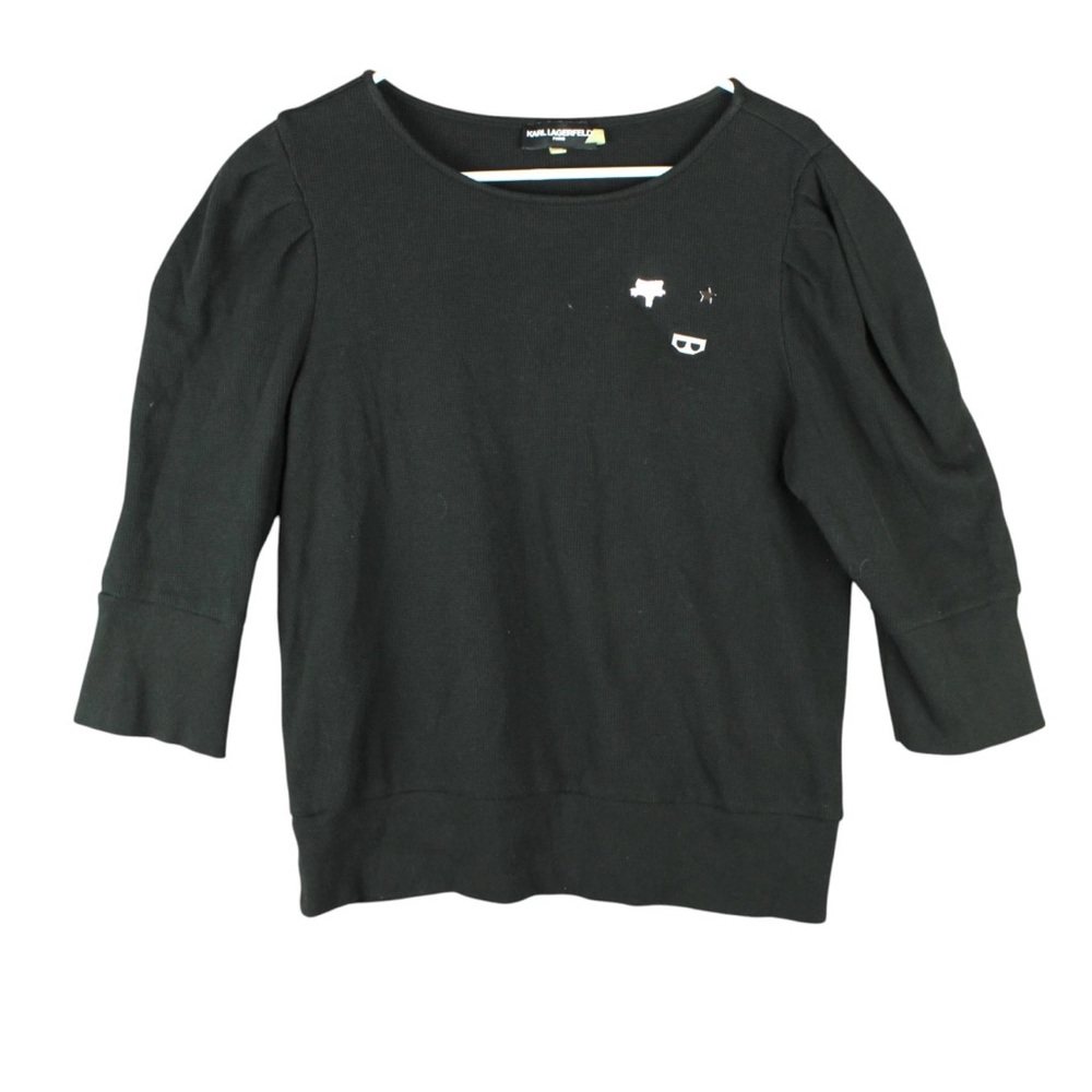 Karl Lagerfeld Women Top Waffle Knit Puff Sleeve L Pin Charms Chic Black